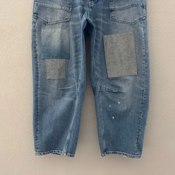 Free People Moxie Barrel Jeans Denim Blue Patches Baggy Slouchy Boho Festival 31 - Picture 8 of 14